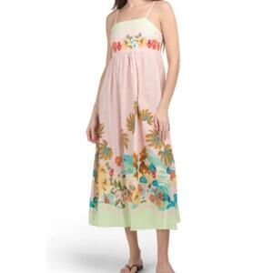 Le Ragazze Made In Italy Pink Tropical Print Linen Midi Sundress Size Medium